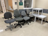 FLR 1: LOT: 4-ASSORTED SECRETARY CHAIRS & 3-SIDE TABLES