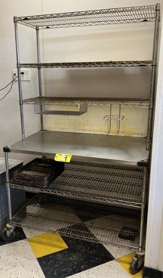 4'W X 30"D X 74"H PORTABLE WIRE TABLE, STAINLESS STEEL TOP, 2-LOWER SHELVES, 3-OVERHEAD WIRE SHEVES