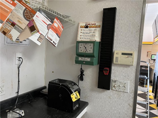 MISCELLANEOUS LOT: ACROPRINT TIME CLOCK, AUTO COIN SORTER, 2-DRAWER FILE, STOOL, TV TRAY