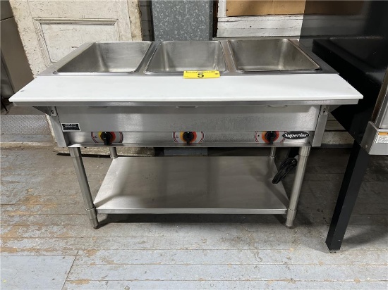 SUPERIOR STAINLESS STEEL 3-BAY FOOD PREP TABLE, W/ 9" POLY PREP PANEL, LOWER STAINLESS STEEL SHELF