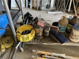 MISC LOT: SQUEEGEES, SUMP PUMP, BROOMS, SAW BLADES, ELECTRICAL WIRE