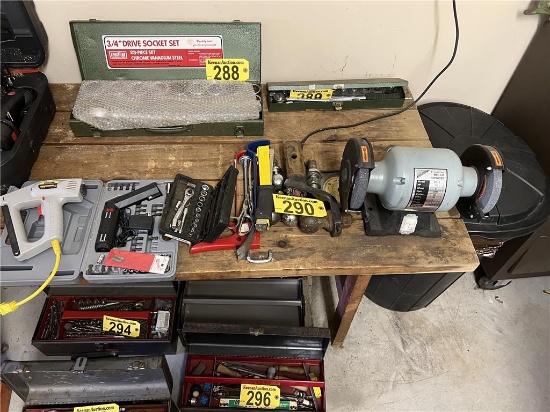 LEE 8" BENCH GRINDER, STAPLER, HITCH, MISC.