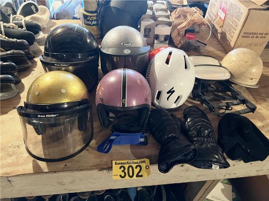 4-HELMETS, GLOVES, MIRRORS, MISC. HELMETS, 7-PAIRS OF BOOTS