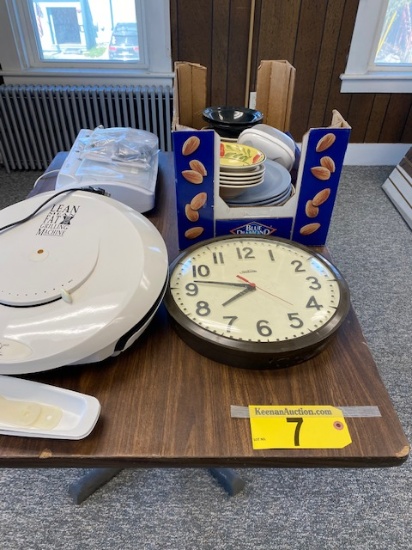 LOT: TABLE AND CONTENTS (DISHES, GRILL MACHINE, FOOD SAVER)