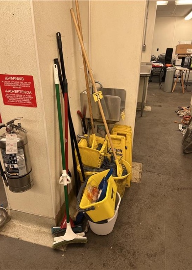 LOT: MOP BUCKET, (2) MOPS, (7) WET FLOOR SIGNS