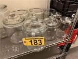 (9) ASSORTED GLASS JARS: (7) COOKIE JARS, (2) TONGUE DEPRESSOR JARS