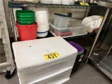 LOT OF ASSORTED PLASTIC WARE, CONTAINERS, LIDS, BUCKETS, TRASH CANS, MISC.
