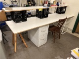 LOT: TABLE UNIT WITH 2-DRAWER FILE CABINET, CHAIR & BASKET RACK