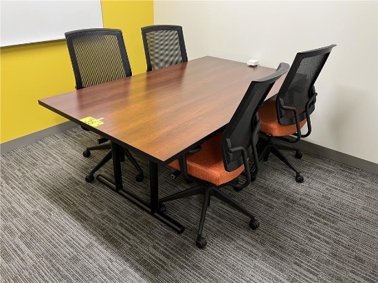 5-PC CONFERENCE SET: 6'X42" DOUBLE PEDESTAL TABLE W/(4) SIT-ON-IT MESH HIGH BACK OFFICE CHAIRS