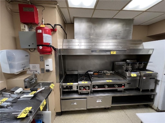 AMEREX 8' STAINLESS STEEL APPLIANCE STAND W/VENTILATION HOOD & FIRE SUPPRESSION SYSTEM