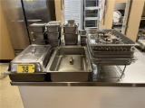 LOT: 4-CHAFING PANS, 1-PERFORATED PAN, 2-CHAFING PAN COVERS, 4-STERNO HOLDERS, 3-WIRE CHAFER STANDS