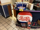 PEPSI LOT: 5-PEPSI NAPKIN DISPENSERS, PEPSI-COLA CLOCK, TIN BOTTLE CAP SIGN, PEPSI MAX WALL CLOCK