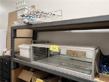 CONTENTS ON 2-SHELVES: GLASS DISPLAY CASE, TRASH CANS, MISC. APPLIANCE RACKS & PARTS