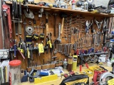 TOOL LOT: HAMMERS, COMBO WRENCHES, PIPE WRENCHES, SCREW DRIVERS, SOCKETS, SAWS, CUTTER, C-CLAMPS
