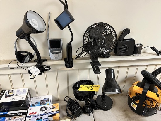 LOT: 2-DESK LIGHTS, 2-FANS, ASSORTED AUDIO EQUIPMENT