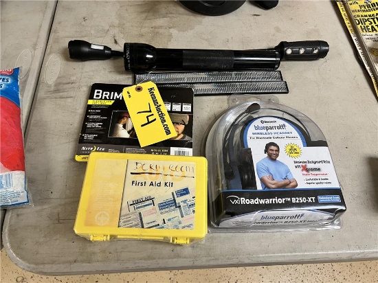 MISC. LOT: BLUETOOTH HEADSET, REFLECTORS, HAT BRIM LIGHT, FIRST AID KIT