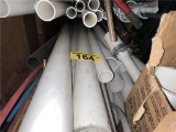 LOT OF PVC PIPE IN RACK AND FITTINGS IN BOXES & BARREL