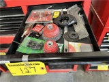 CONTENTS OF DRAWER: ASSORTED GRINDERS, BLADES, AND TOOL PARTS