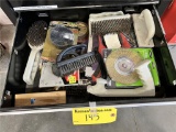 CONTENTS OF DRAWER: GRINDING WHEELS, BRUSHES, SAND PAPER
