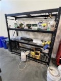 CONTENTS ON STORAGE RACK: SPRAYERS, SEED SPREADERS, TORCHES AND MISC. GARDEN TOOLS