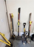LOT OF 4-LONG HANDLED TOOLS: ROCK RAKES & PITCH FORK