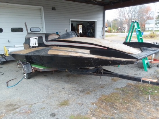 *ITEM IS LOCATED AT 624 MAIN RD., MILFORD, ME* WOODEN TUNNEL HULL & TRAILER, CANARD ADJUSTABLE WING