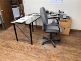 (1) 5'X5' L-SHAPED CURVED CORNER, GLASS TOP OFFICE DESK, MID-BACK SWIVEL OFFICE CHAIR, FILE CABINET