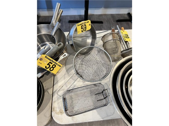 LOT: 6-ASSORTED COOKING UTENSILS: 2-POT STRAINERS, 3-WOK PANS, 1-CHINA CAP