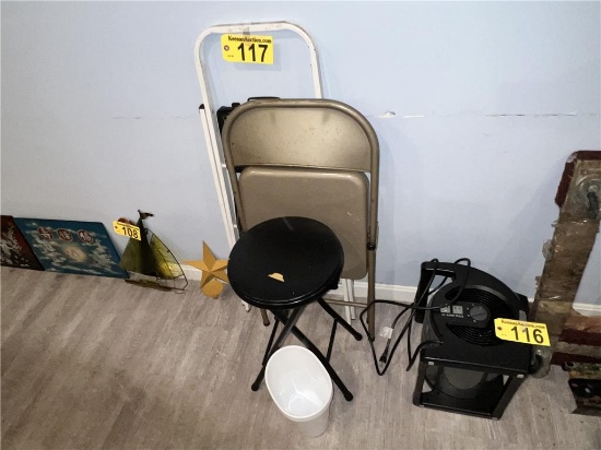 LOT: 3' STEP STOOL, FOLDING CHAIR & STOOL, 3-SMALL WASTE CANS