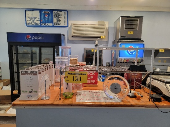 LOT: ASSORTED MENU DISPLAYS, THERMAL RECEIPT PAPER, CLOCK & MISC. RISERS