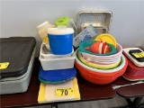 LOT OF ASSORTED PLASTIC WARE, STRAINERS, CUTTING BOARDS, CONTAINERS & TUBS
