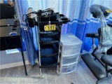 LOT: PORTABLE 4-DRAWER SALON CART, 3-DRAWER PLASTIC STORAGE CABINET & 7-ASSORTED STYLING TOOLS