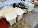 LOT: 6-ASSORTED WASTE BINS, HAND TOWELS, RAGS, NAIL POLISH DISPLAYS, PLASTIC STORAGE CABINET