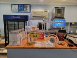 LOT: ASSORTED MENU DISPLAYS, THERMAL RECEIPT PAPER, CLOCK & MISC. RISERS