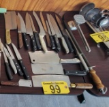 LOT: 24-ASSORTED KITCHEN UTENSILS: 16-KNIVES, 5-MEAT CLEAVERS, MEAT TENDERIZER, 2-KNIFE SHARPENERS