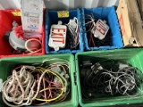 LOT: 4-PLASTIC CONTAINERS OF ELECTRICAL CORD, 4-WAYS, SURGE PROTECTORS, EXIT LIGHTS