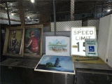 FLR 1: LOT OF ASSORTED PRINTS, PAINTINGS, TRAFFIC SIGNS