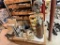 MISC. LOT: BRASS LAMP, SHELF, LIGHTS, CORK, HANGING BRACKETS, SMALL STOOLS, (2) 4-WHEEL DOLLIES