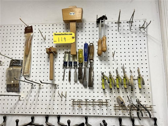 LOT OF ASSORTED HAND TOOLS ON PEG BOARD: CHISELS, PLIERS, TWEEZERS, MISC.