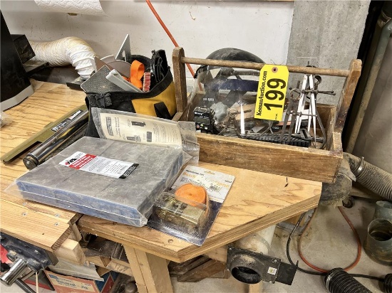 MISC. LOT: INSTRUMENTS, TOOL BAGS, FLASH LIGHTS, MISC. UNDER BENCH