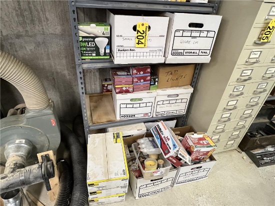 CONTENTS ON 3-SHELVES AND ON FLOOR: ASSORTED  LIGHT BULBS & FIXTURES