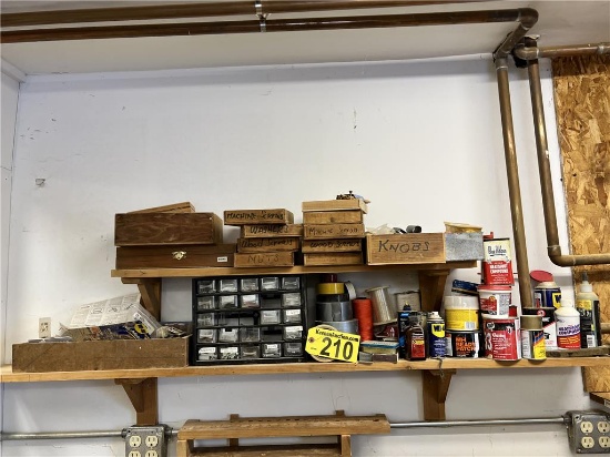MISC LOT ON WALL: EXACTO KNIFE SET, MACHINE & WOOD SCREWS, KNOBS, SMALL PARTS CABINET, SHOP SUPPLIES