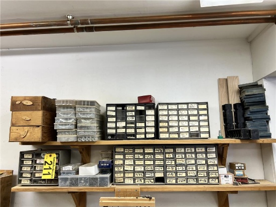 MISC LOT ON WALL: 5-SMALL PARTS CABINETS, 18-STORAGE BOXES WOOD & PLASTIC