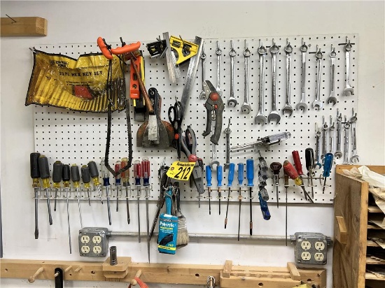 LOT OF HAND TOOLS ON PEG BOARD