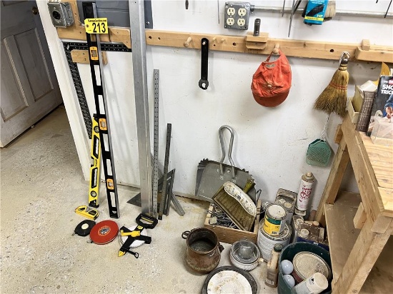 LOT: LEVELS, TAPES, SQUARE, MISC. ON FLOOR