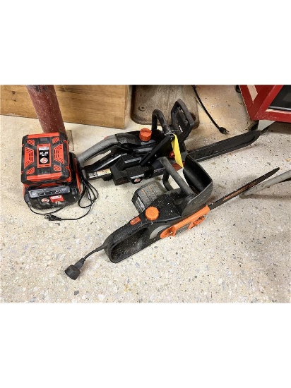 LOT: DR CORDLESS 62V CHAINSAW W/ BATTERY & CHARGER, ELECTRIC CORDED CHAINSAW,
