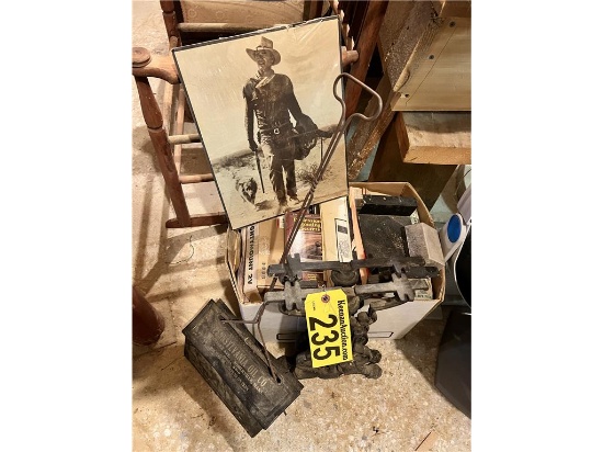 LOT: CAST IRON LEGS, DUKE PHOTO, SWEEPER CAN, BOOKS, VIDEOS, MAGAZINES