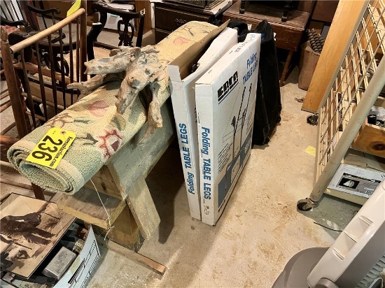 LOT: SET OF SAW HORSES, DRIFTWOOD, 2-SETS OF FOLDING TABLE LEGS, AREA RUG