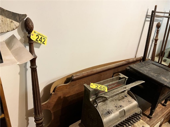 LOT: 76" CHERRY HEADBOARD, 2-DRAWER NIGHT STAND, SMALL DROP LEAF STAND, DRAFTING BOARD, BARN BOARD