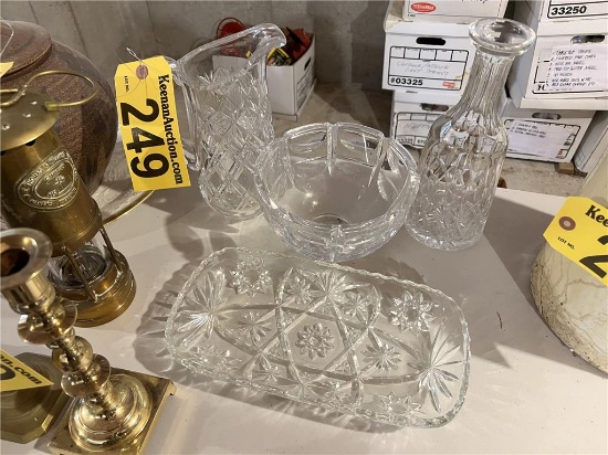 LOT: CUT GLASS BOWL, PITCHER, TRAY, DECANTER